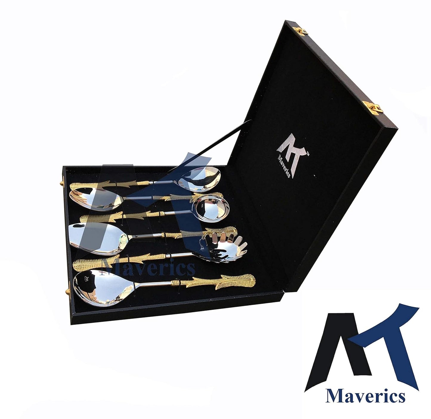 Maverics Exquisite Gold Classique Serving Spoon Set | Brass Flatware with Multi Leaves Handle | Designer Gift Box | Set of 6