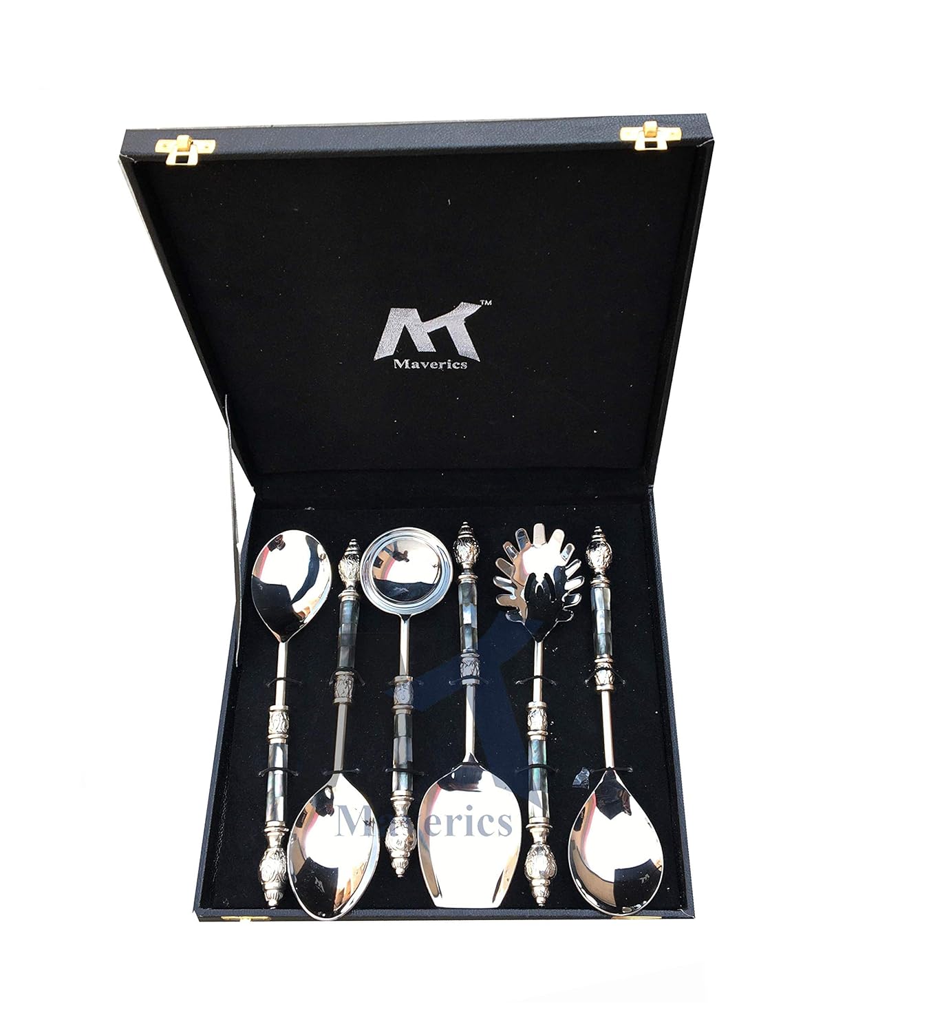 Maverics Black Mother of Pearl (MOP) with Round Emboss Aluminium Handle Serving Spoon (6 Piece)