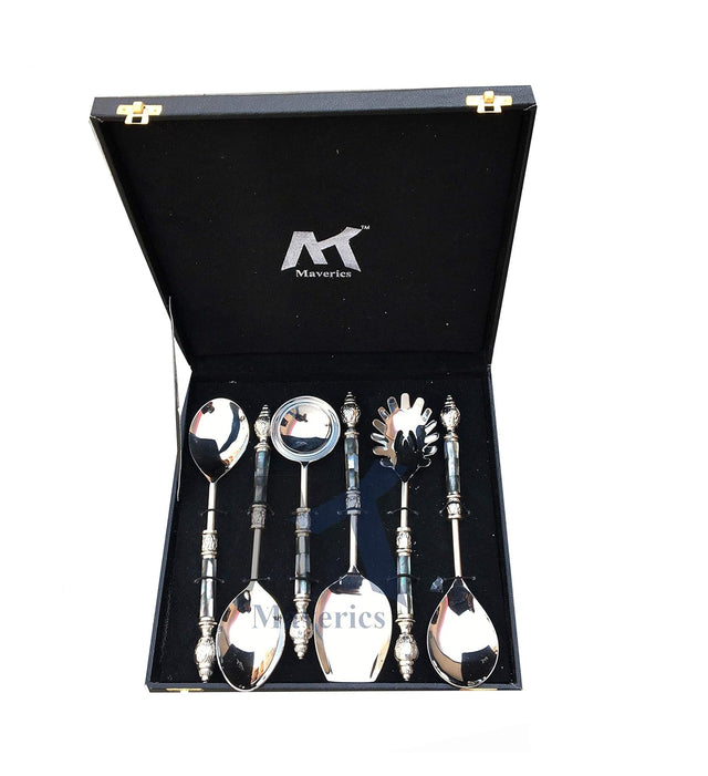 Maverics Black Mother of Pearl (MOP) with Round Emboss Aluminium Handle Serving Spoon (6 Piece)
