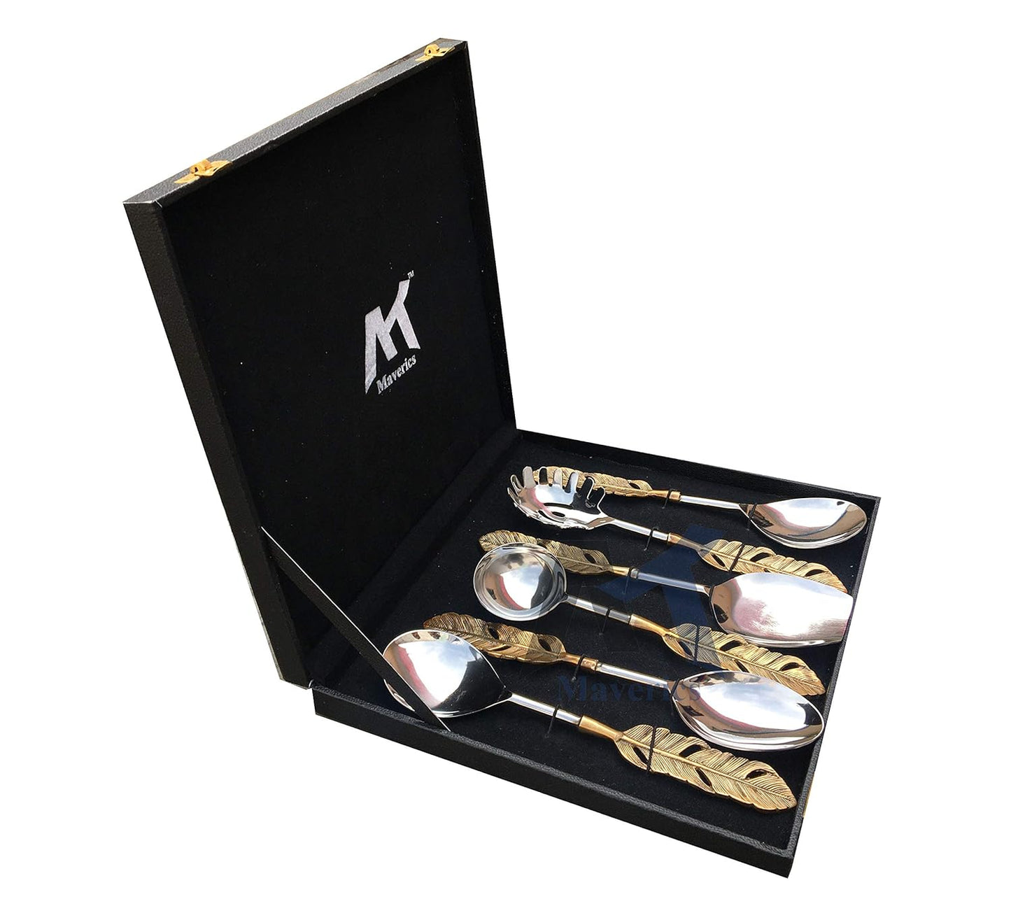 Maverics Gold Polished Classique Serves Designer Serving Spoon Set Gift Box | Flatware Cutlery Golden Feather Antique Handle Design | Made with Brass | Set of 6