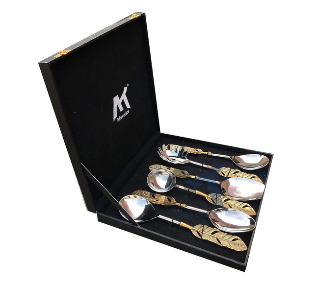 Maverics Gold Polished Classique Serves Designer Serving Spoon Set Gift Box | Flatware Cutlery Golden Feather Antique Handle Design | Made with Brass | Set of 6