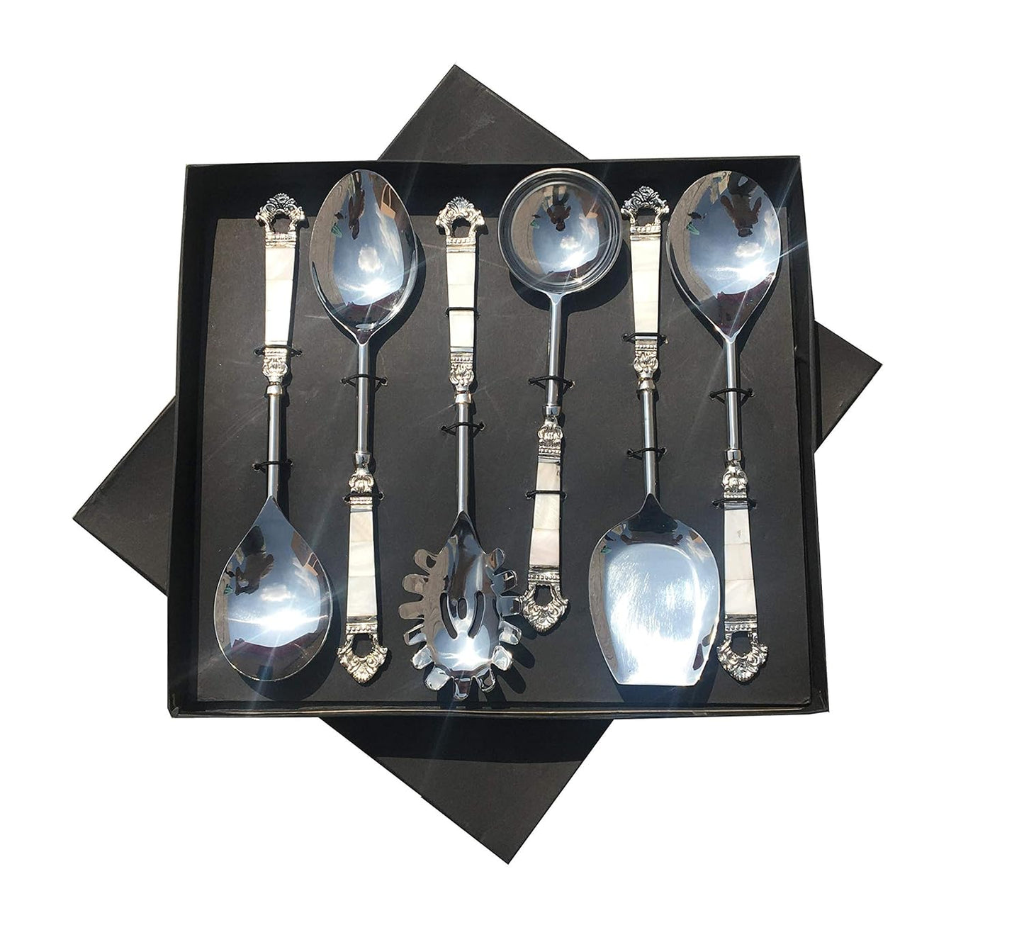 Maverics Mother of Pearl (MOP) Taj Design Brass Handle Serving Spoon with Silver Finished