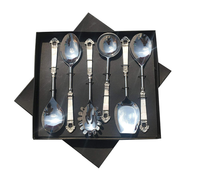 Maverics Mother of Pearl (MOP) Taj Design Brass Handle Serving Spoon with Silver Finished
