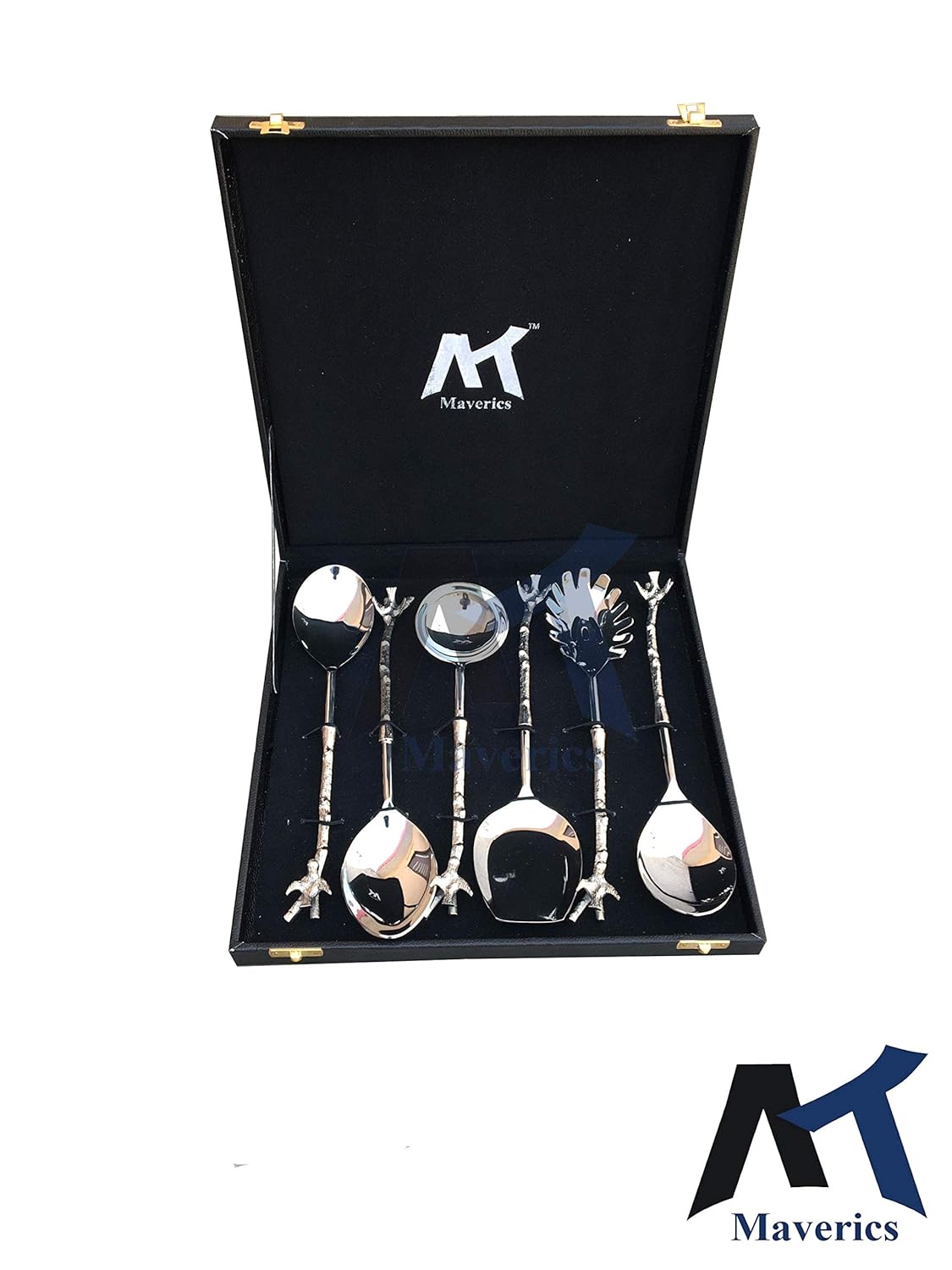 Maverics 6-Piece Brass Bird Design Stainless Steel Serving Spoon Set in Silver. Elegant Designer Spoons with Black Gift Box