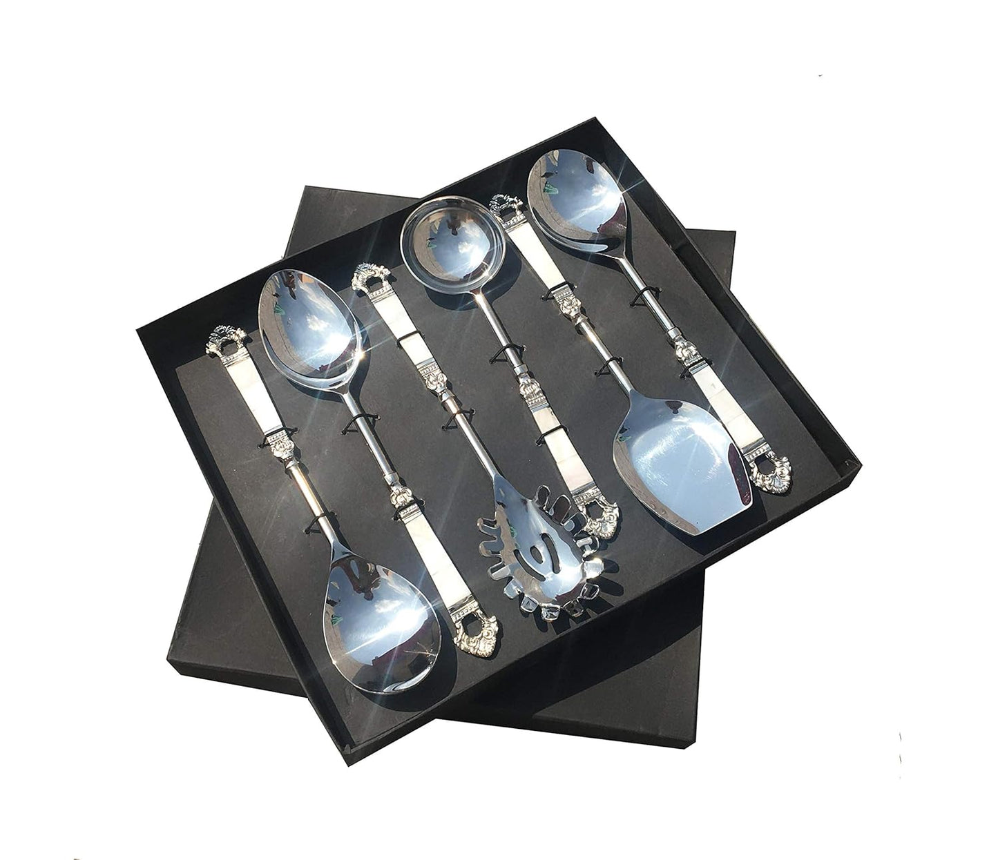 Maverics Mother of Pearl (MOP) Taj Design Brass Handle Serving Spoon with Silver Finished