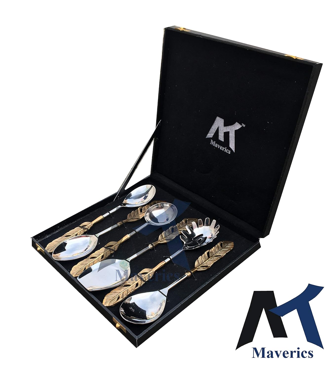 Maverics Gold Polished Classique Serves Designer Serving Spoon Set Gift Box | Flatware Cutlery Golden Feather Antique Handle Design | Made with Brass | Set of 6