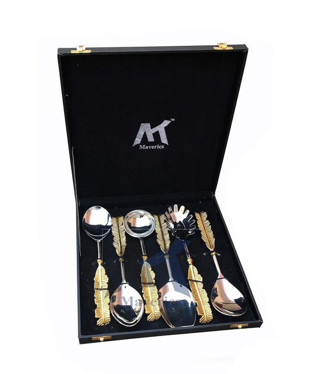 Maverics Exquisite 6-Piece Pure Brass Leaf Handle Serving Spoon Set in Gold, Handmade with Love, Elegant Black Gift Box Included