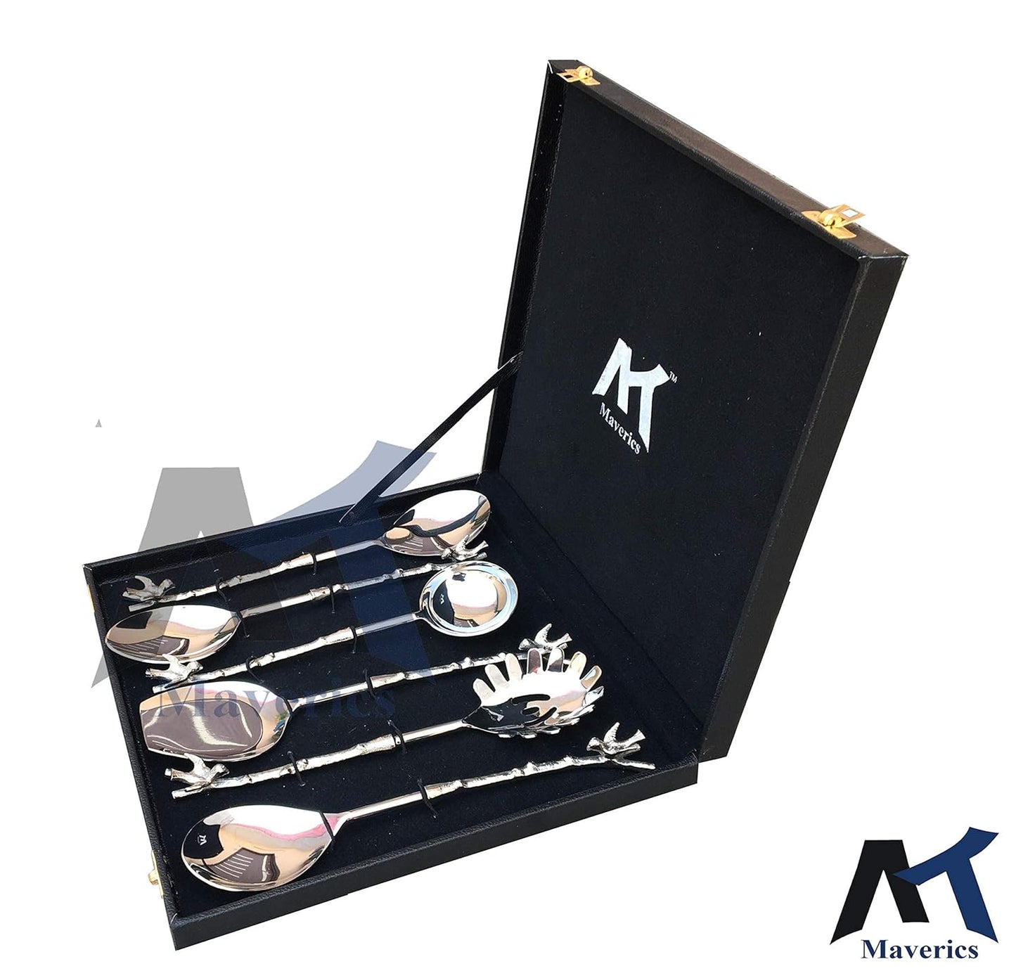 Maverics 6-Piece Brass Bird Design Stainless Steel Serving Spoon Set in Silver. Elegant Designer Spoons with Black Gift Box