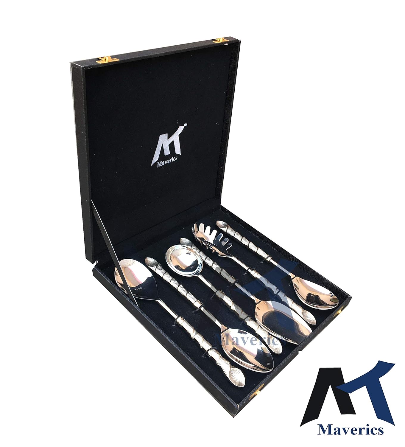 Maverics 6-Piece Stainless Steel Serving Spoon Set for Dining & Kitchen - Elegant Silver with Aluminium Handle - Ideal for Dining Table - Comes in Black Gift Box