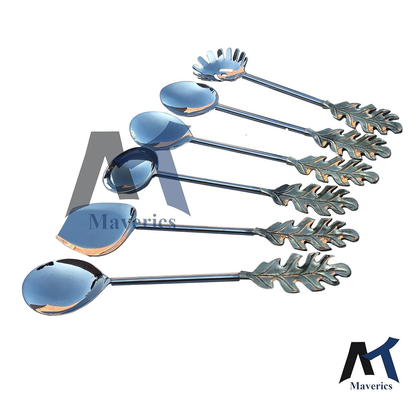 Maverics Tropical Leaf Design Serving Spoon Set of 6 pcs Made with Brass for Your Dining Table, Kitchen & for Using Birthday Party, Kiddy Party, Wedding Party
