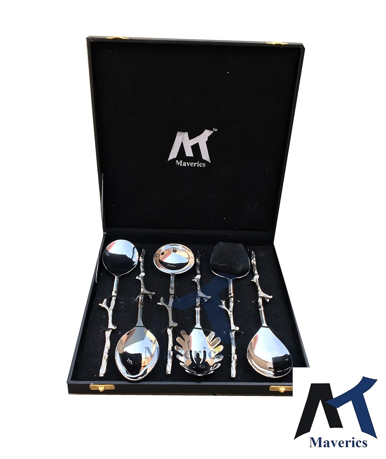 Maverics Exquisite Brass Trunk Handle Serving Spoon Set - 6 Piece Collection, Elegant Design, Perfect for Serving