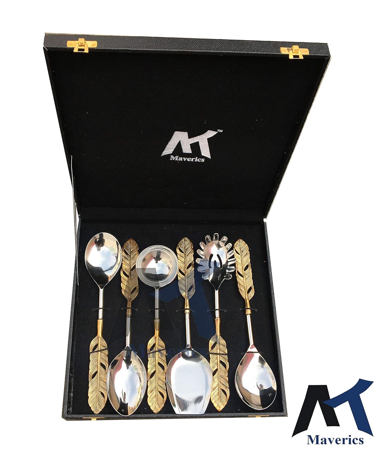 Maverics Gold Polished Classique Serves Designer Serving Spoon Set Gift Box | Flatware Cutlery Golden Feather Antique Handle Design | Made with Brass | Set of 6