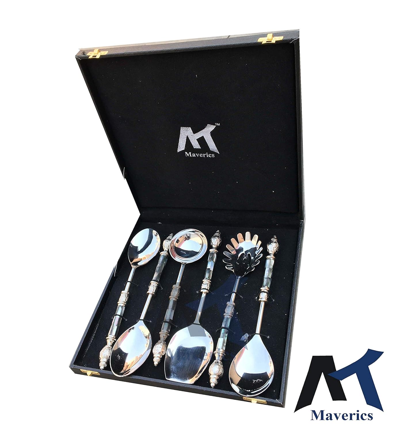 Maverics Black Mother of Pearl (MOP) with Round Emboss Aluminium Handle Serving Spoon (6 Piece)