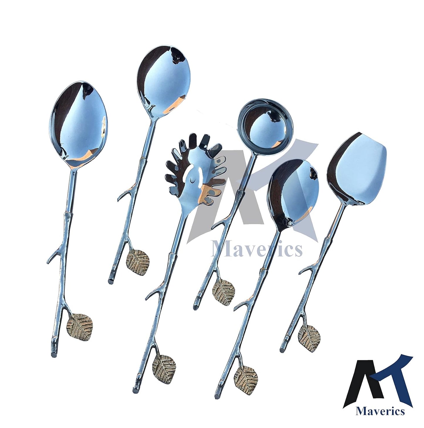Maverics Brass Handle Side Leaf Trunk Handle Design Serving Spoon Set of 6 pcs Made with Brass
