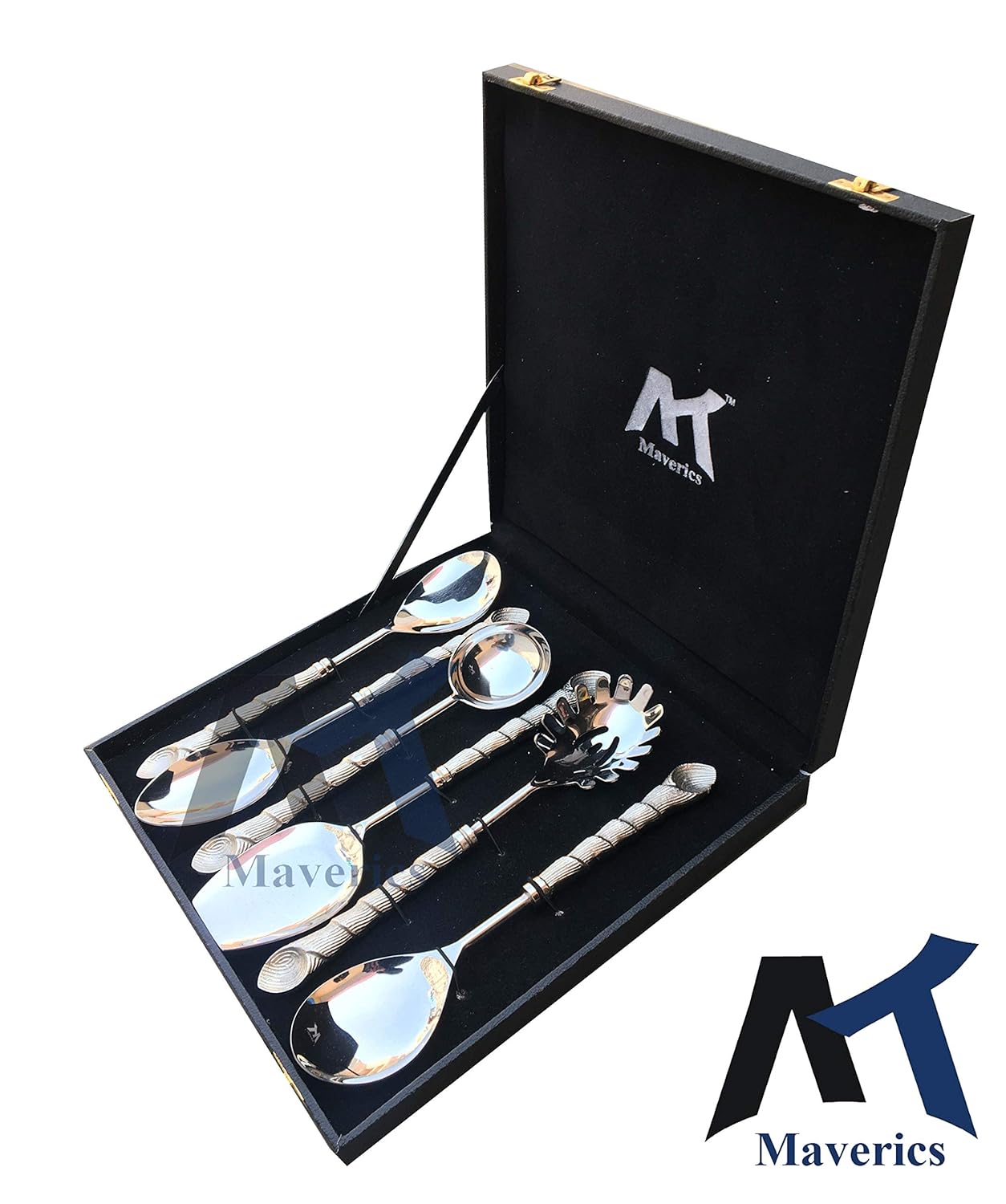 Maverics 6-Piece Stainless Steel Serving Spoon Set for Dining & Kitchen - Elegant Silver with Aluminium Handle - Ideal for Dining Table - Comes in Black Gift Box