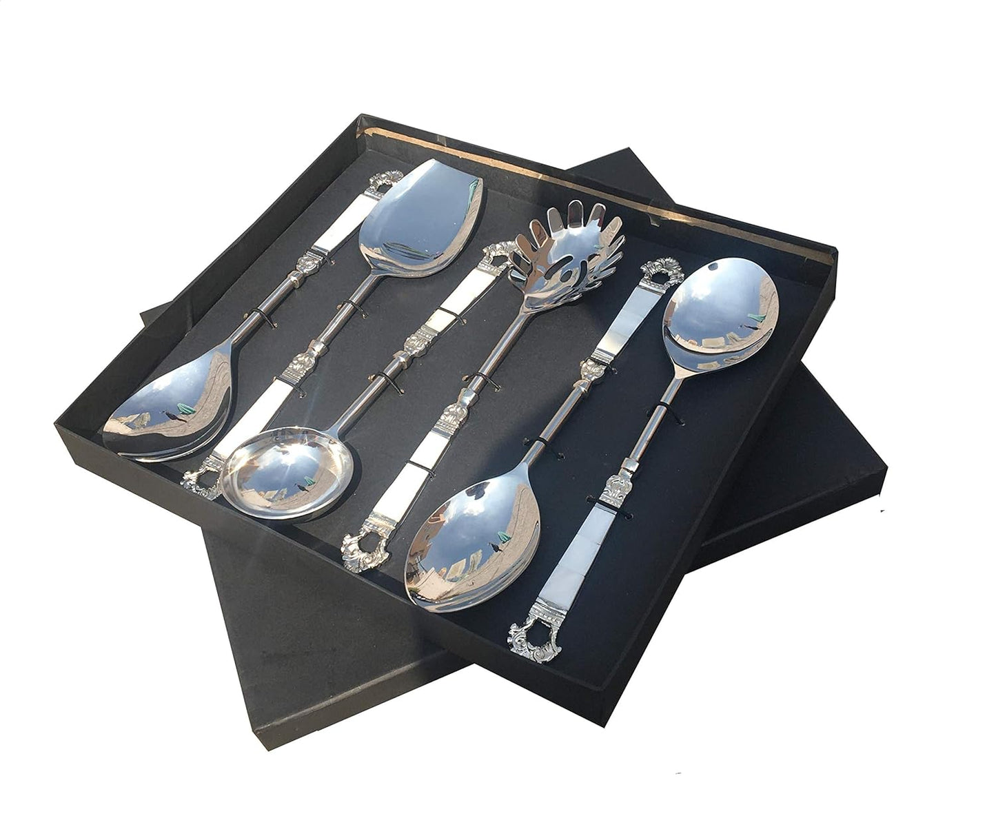 Maverics Mother of Pearl (MOP) Taj Design Brass Handle Serving Spoon with Silver Finished