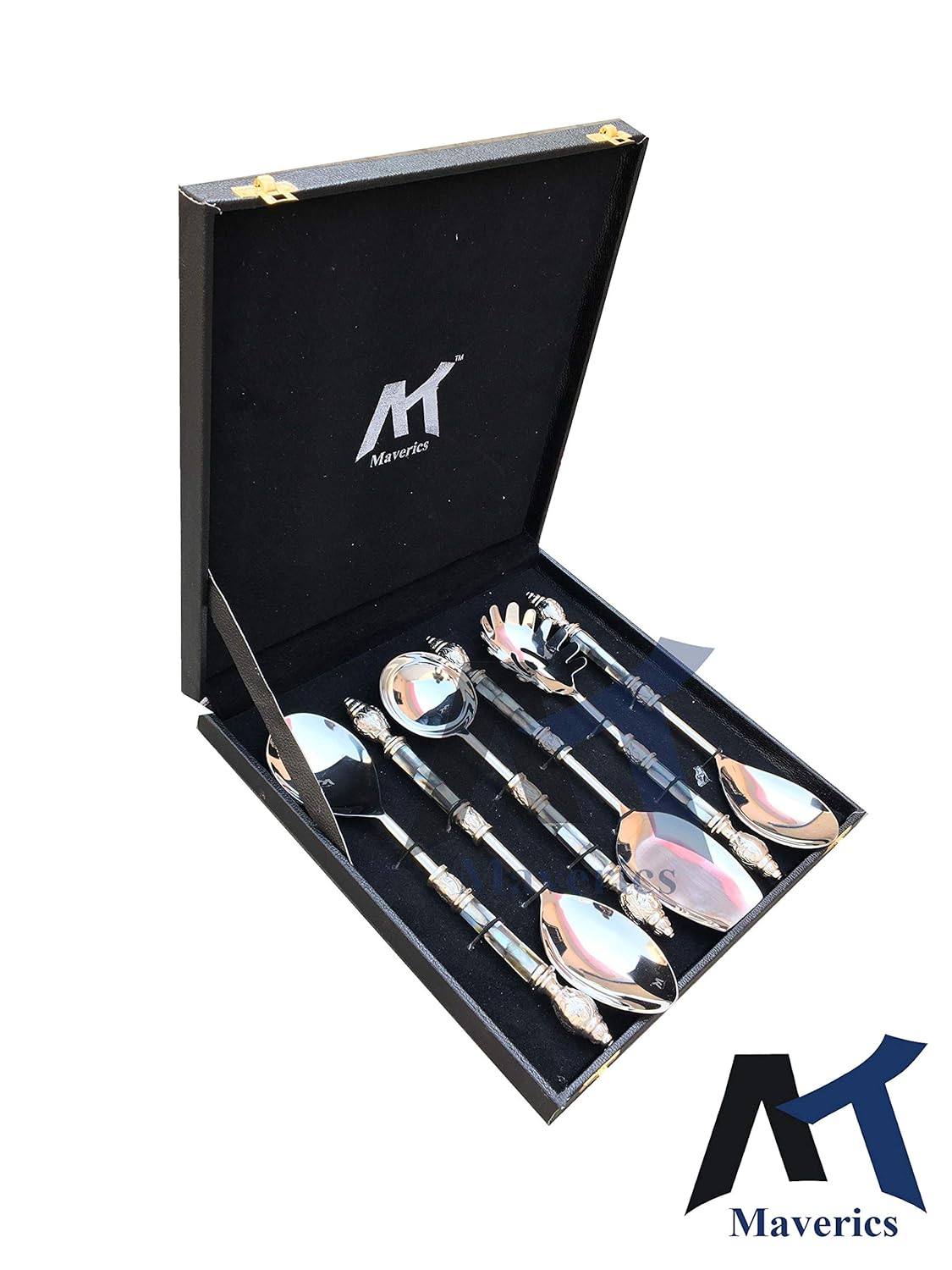 Maverics Black Mother of Pearl (MOP) with Round Emboss Aluminium Handle Serving Spoon (6 Piece)