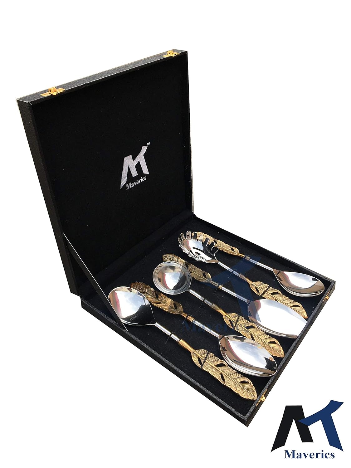 Maverics Gold Polished Classique Serves Designer Serving Spoon Set Gift Box | Flatware Cutlery Golden Feather Antique Handle Design | Made with Brass | Set of 6