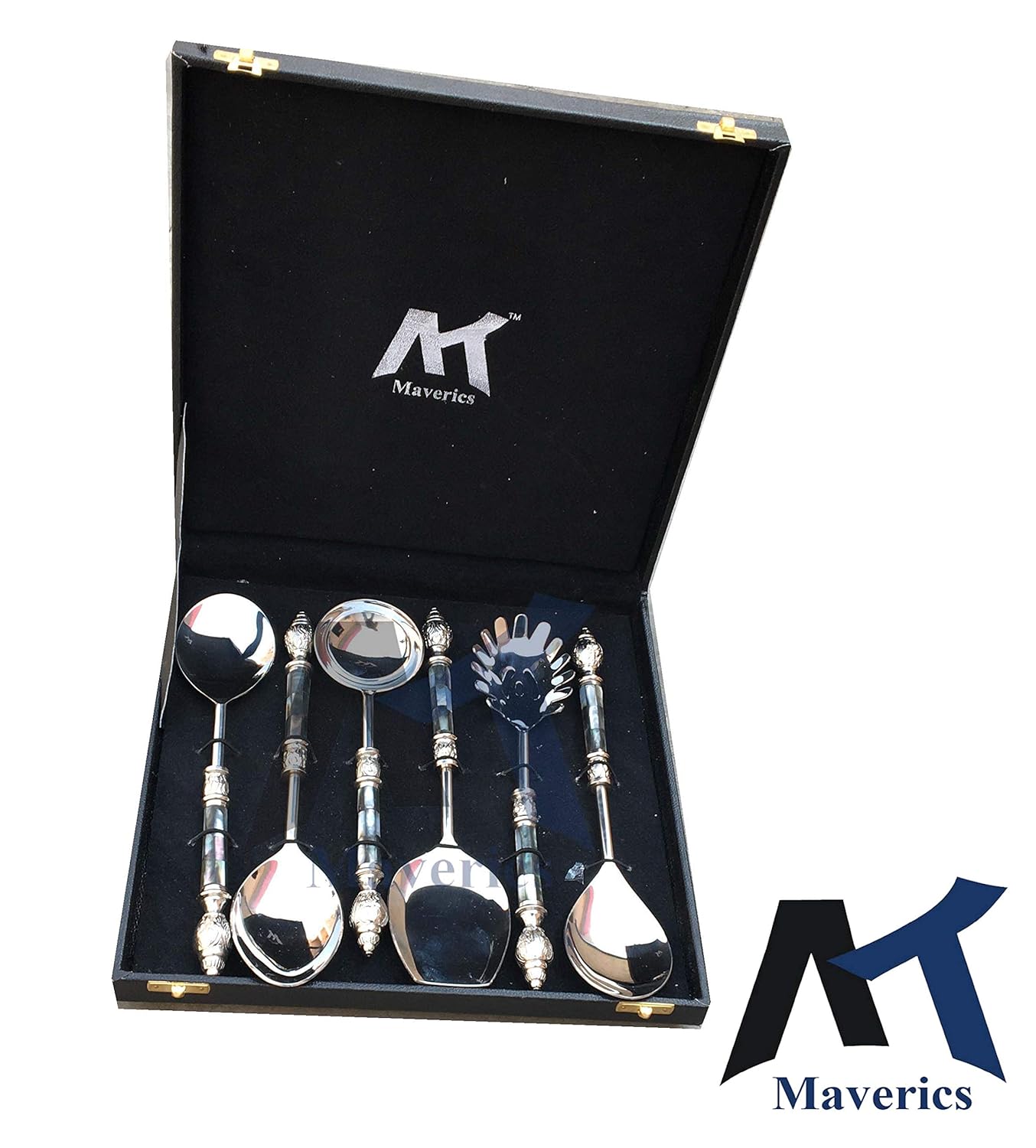 Maverics Black Mother of Pearl (MOP) with Round Emboss Aluminium Handle Serving Spoon (6 Piece)