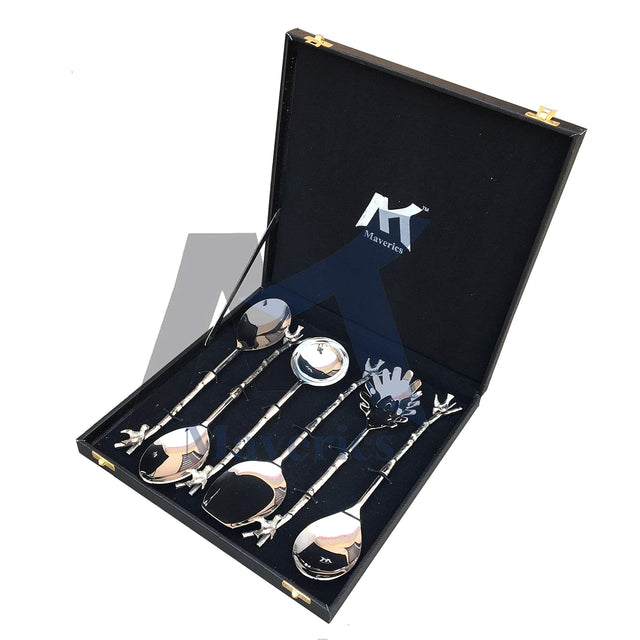 Maverics 6-Piece Brass Bird Design Stainless Steel Serving Spoon Set in Silver. Elegant Designer Spoons with Black Gift Box