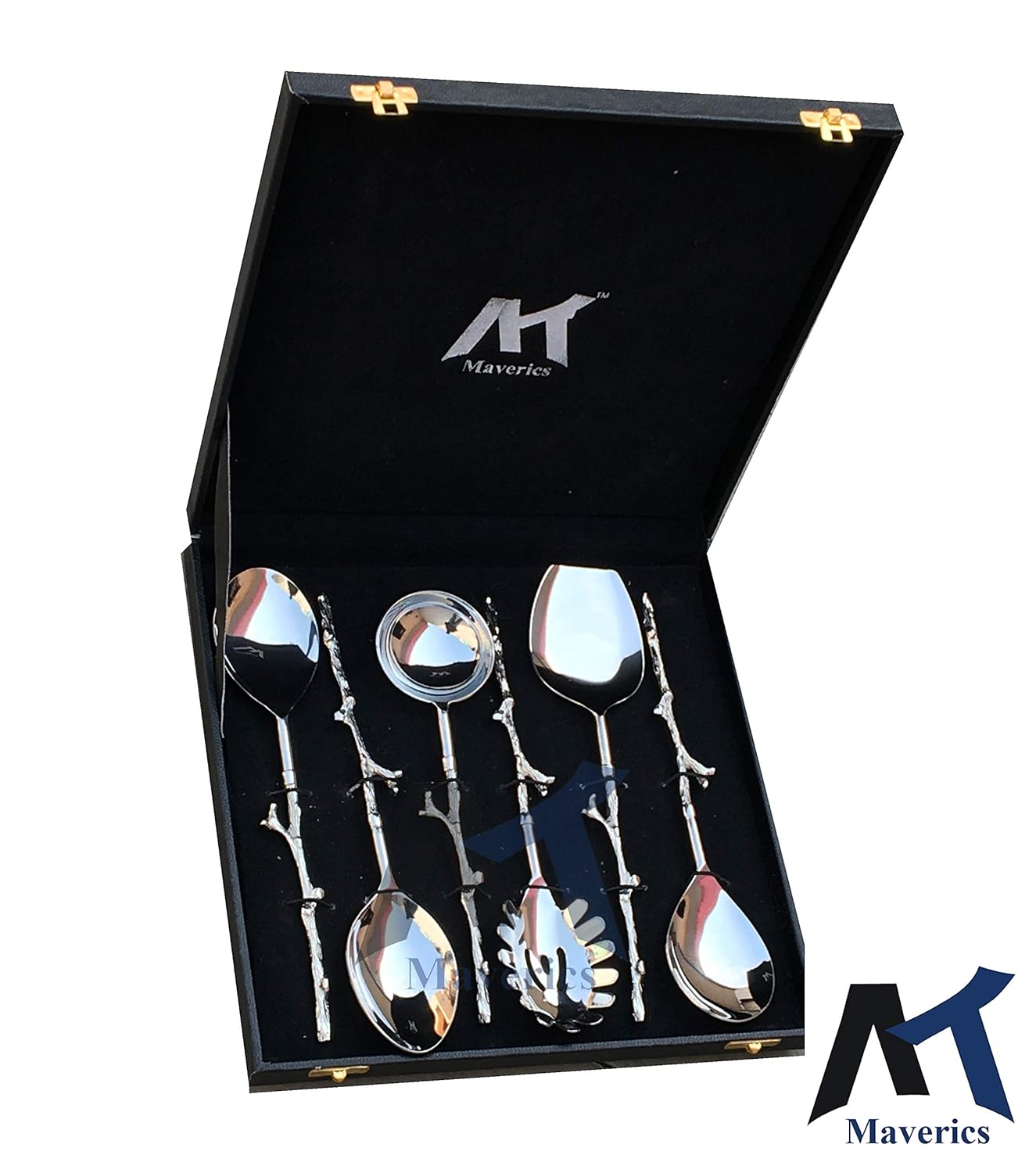 Maverics Exquisite Brass Trunk Handle Serving Spoon Set - 6 Piece Collection, Elegant Design, Perfect for Serving