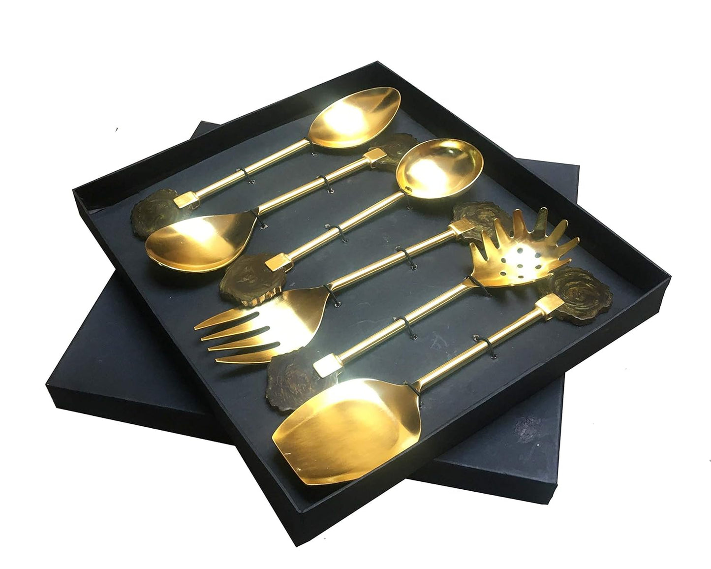 Maverics Gold Polished Classique Serves Designer Serving Spoon Set Gift Box | Flatware Cutlery Brown Raisin Coaster Handle Design | Made with Brass | Set of 6