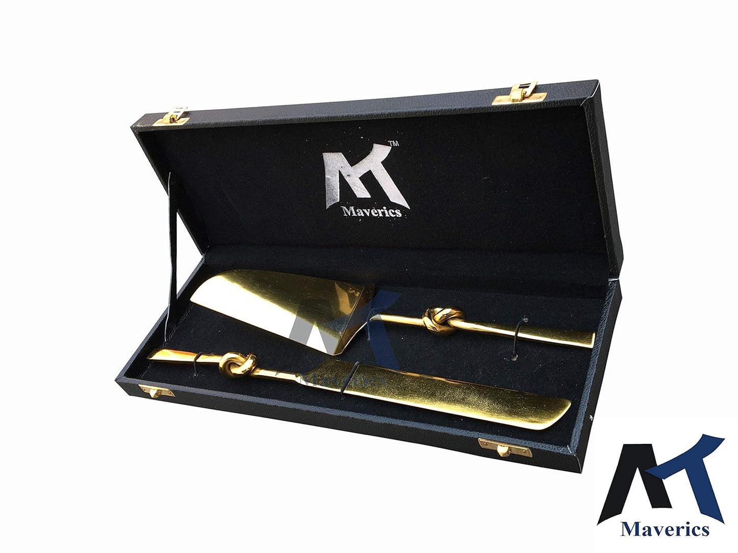 Maverics Cake Cutter Knife and Server Spatula Cutting Set of 2 | Single Knot Handle Design | Made with Brass (Gold Plated) | Pizza Knife Pie Server | Best for Gifting