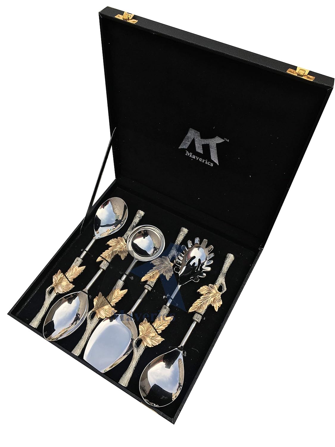 Maverics Aluminium Stainless Steel Handmade Leaf Handle Serving Spoon Set of 6 Piece with Black Gift Box (Gold)