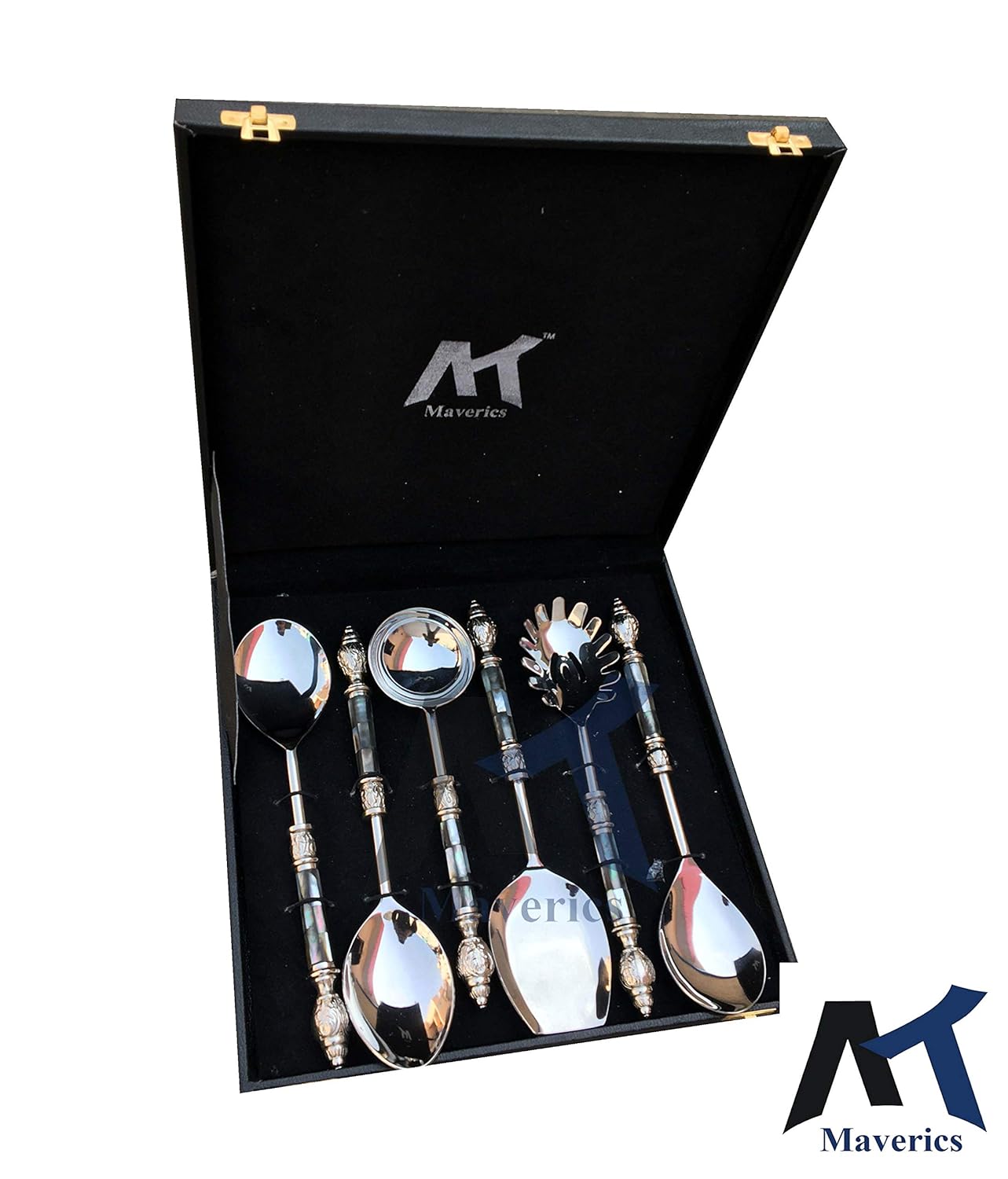 Maverics Black Mother of Pearl (MOP) with Round Emboss Aluminium Handle Serving Spoon (6 Piece)