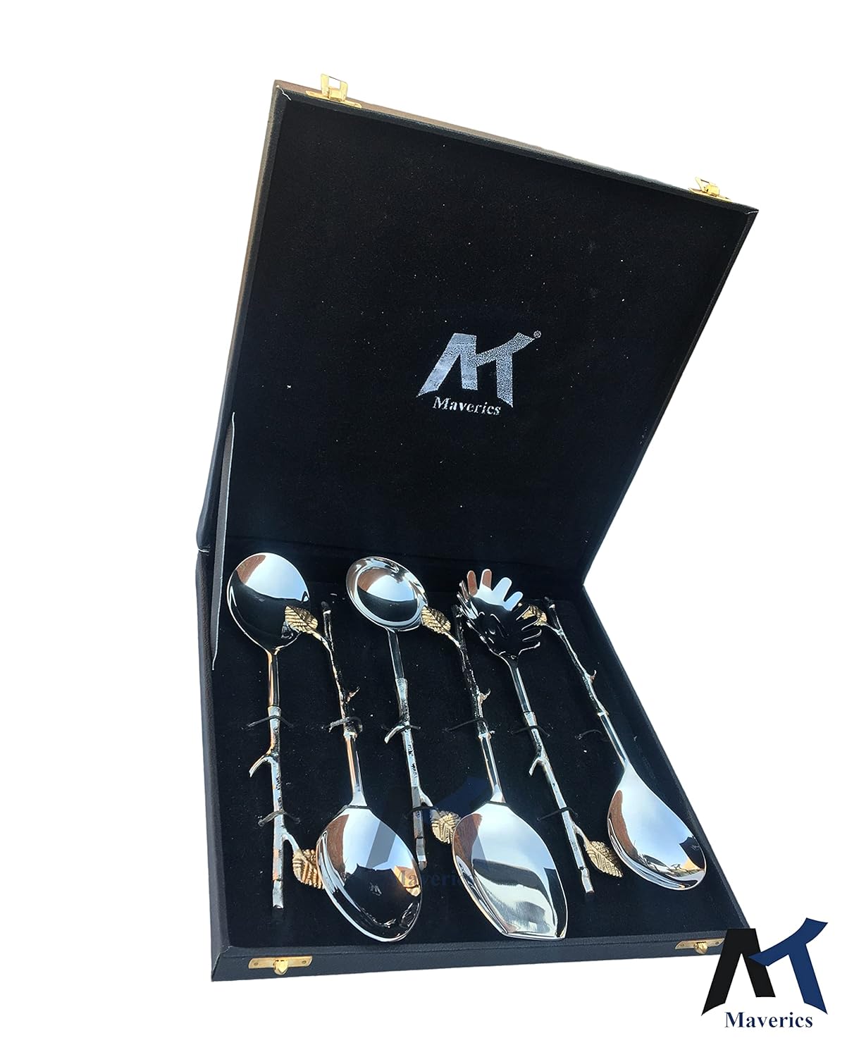 Maverics Brass Handle Side Leaf Trunk Handle Design Serving Spoon Set of 6 pcs Made with Brass