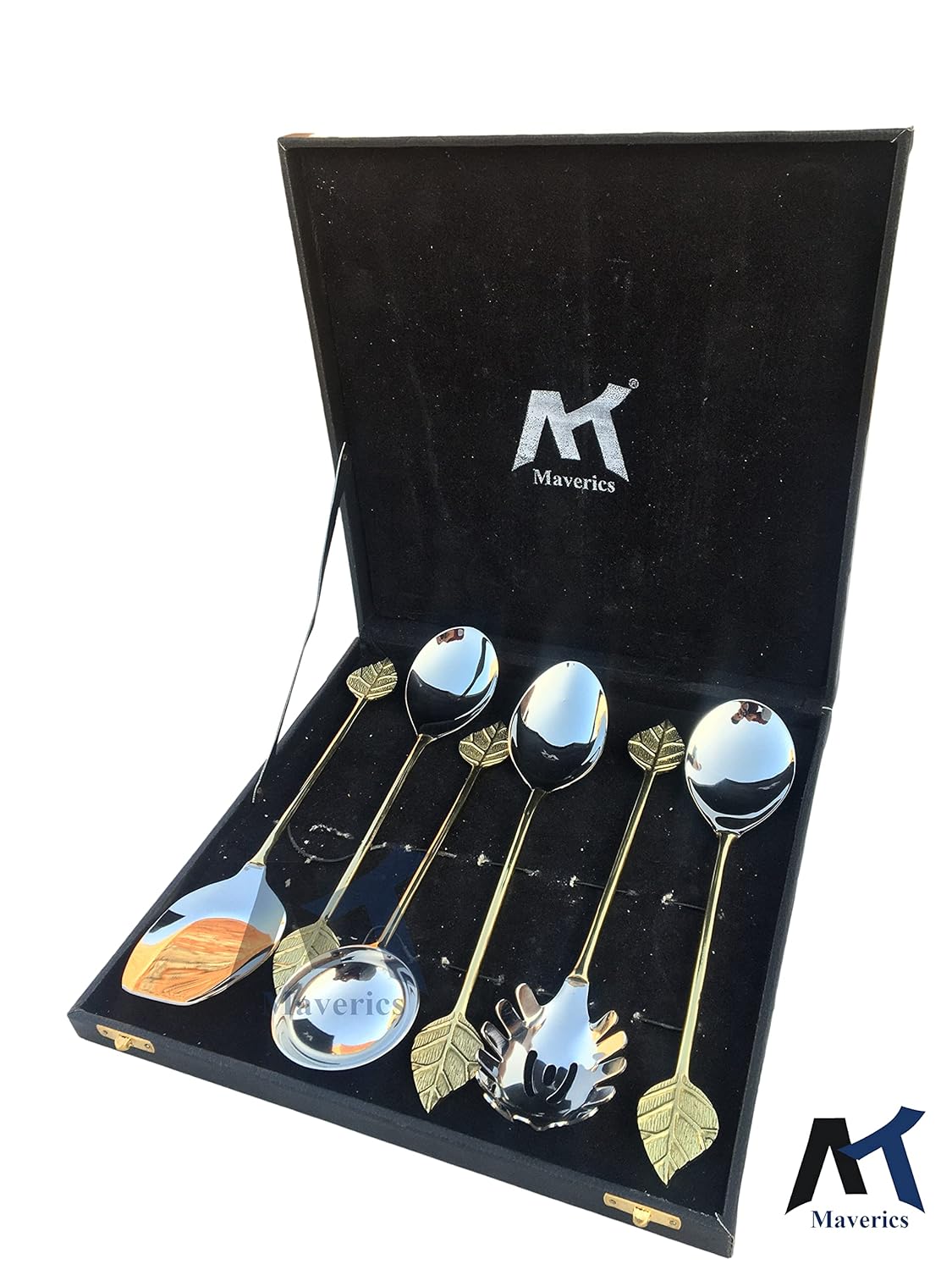 Maverics Single Brass Leaf Serving Spoon Set of 6 pcs Made with Brass for Dining, Kitchen, Homeware