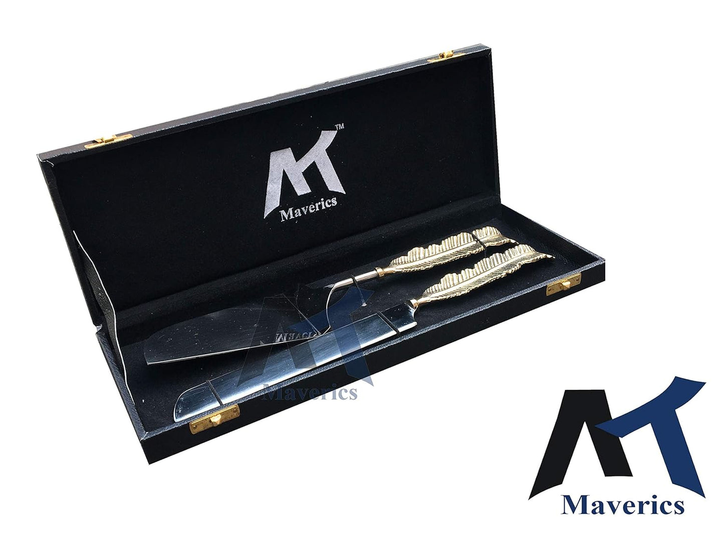 Maverics Cake Cutter Knife and Server Set of 2 | Single Leaf Handle Design | Made with Brass (Gold Plated) | Pizza Knife Pie Server | Best for Gifting