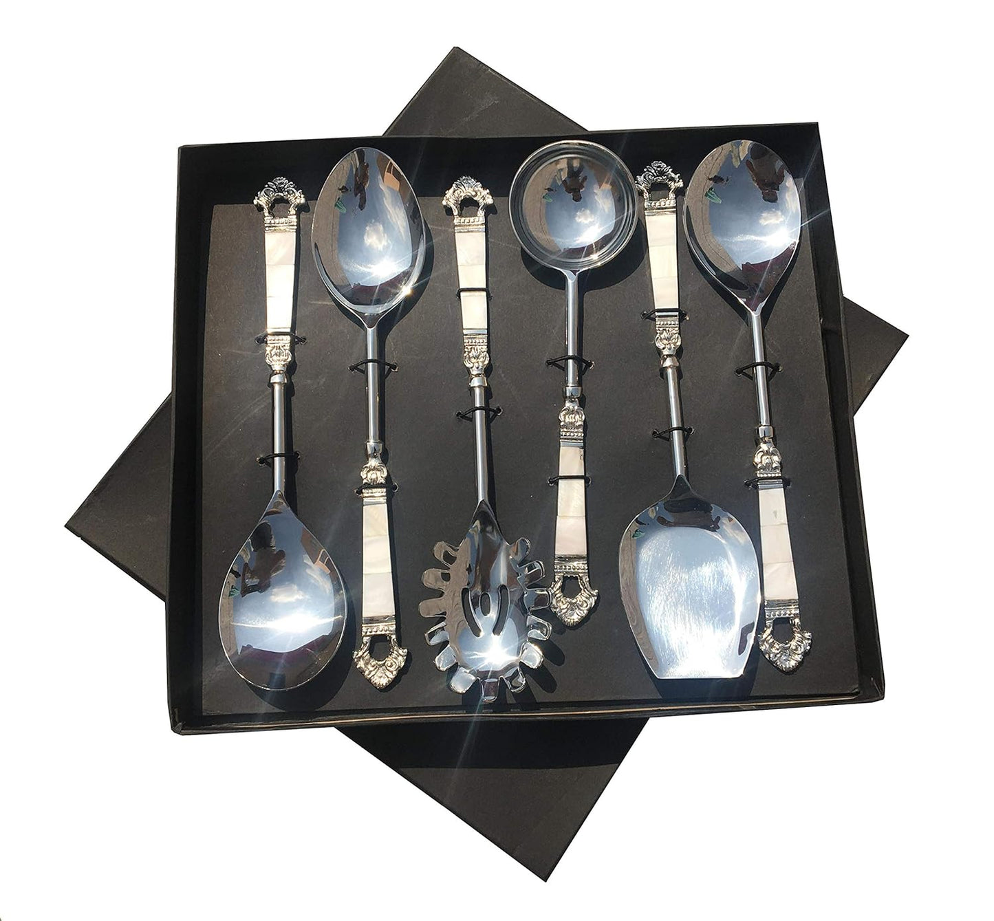 Maverics Mother of Pearl (MOP) Taj Design Brass Handle Serving Spoon with Silver Finished