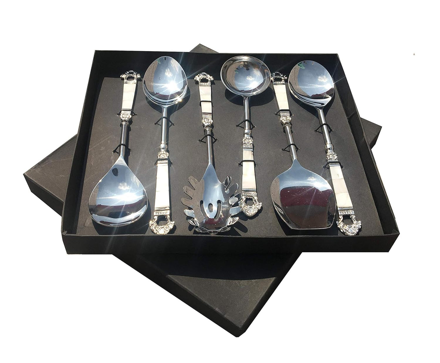 Maverics Mother of Pearl (MOP) Taj Design Brass Handle Serving Spoon with Silver Finished