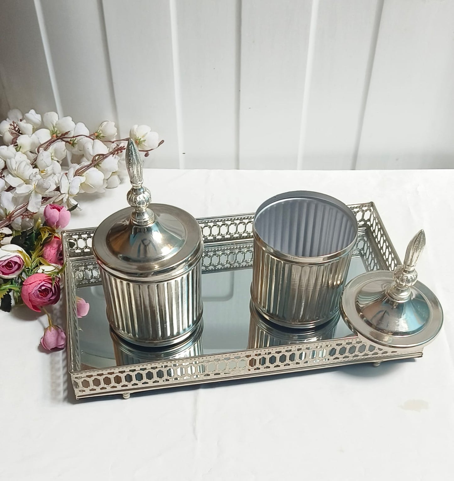 Silver Jali Mirror Tray with Lining Jar Set – 14x8'' Tray & 2 Silver-Finished 4x4'' Jars for Festive Gifting & Elegant Home Décor