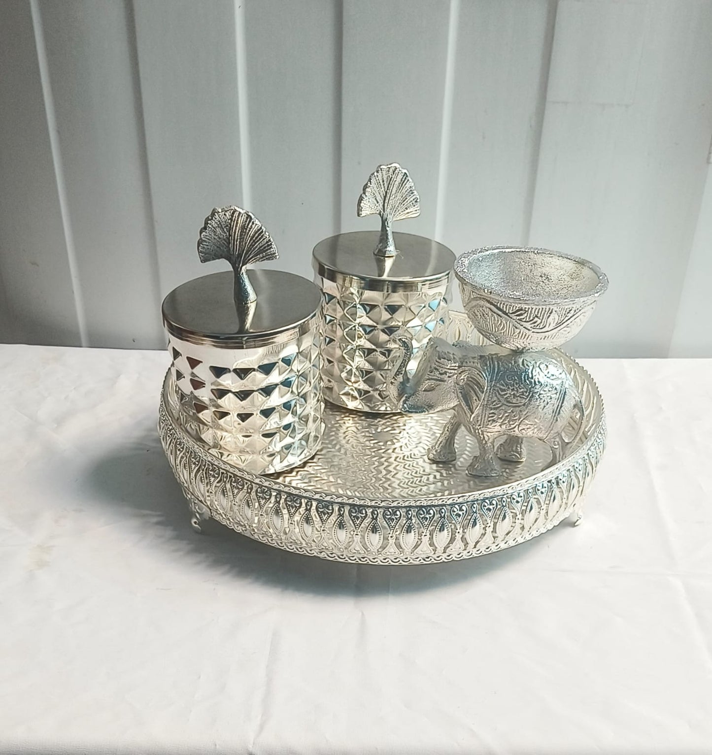 Pure Silver-Finished Décor Combo – 2 Glossy Iron Jars, 12'' Jali Tray & Aluminium Elephant for Elegant Gifting & Home Styling