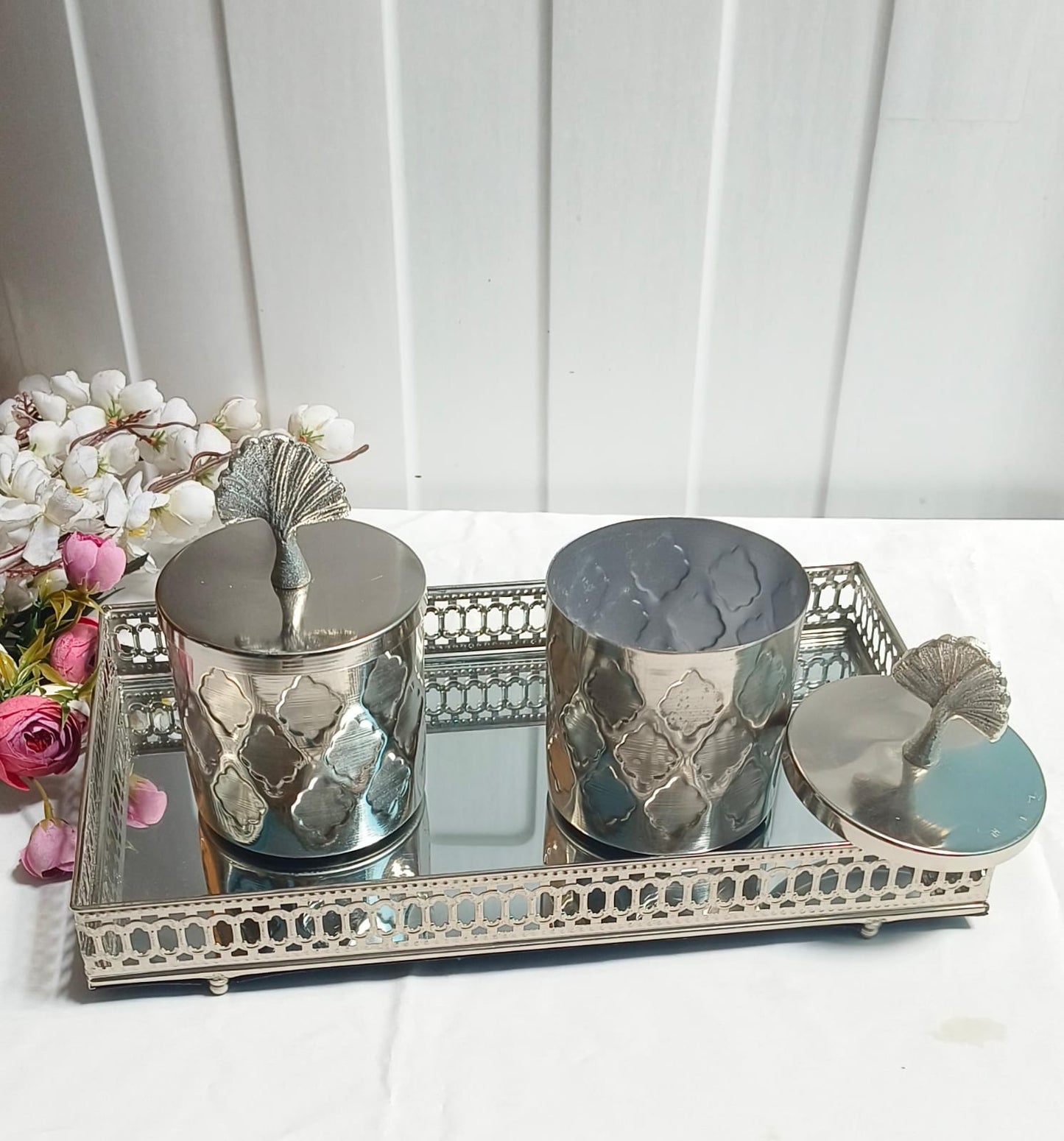Elegant Silver Tray with Mirror (14x8) & Matching Silver Jar (4x4) – Premium Home Decor Gift Set