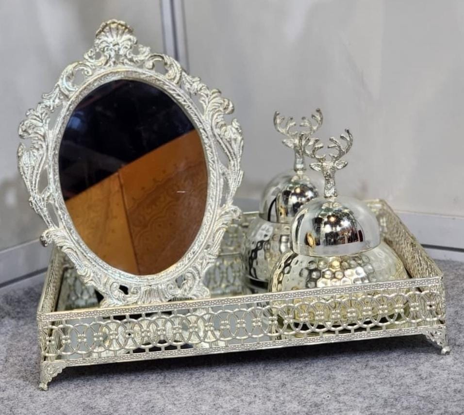 Elegant Silver Decor Combo – Iron Tray (16x10”), 2 Deer-Knob Jars & Oval Photo Frame
