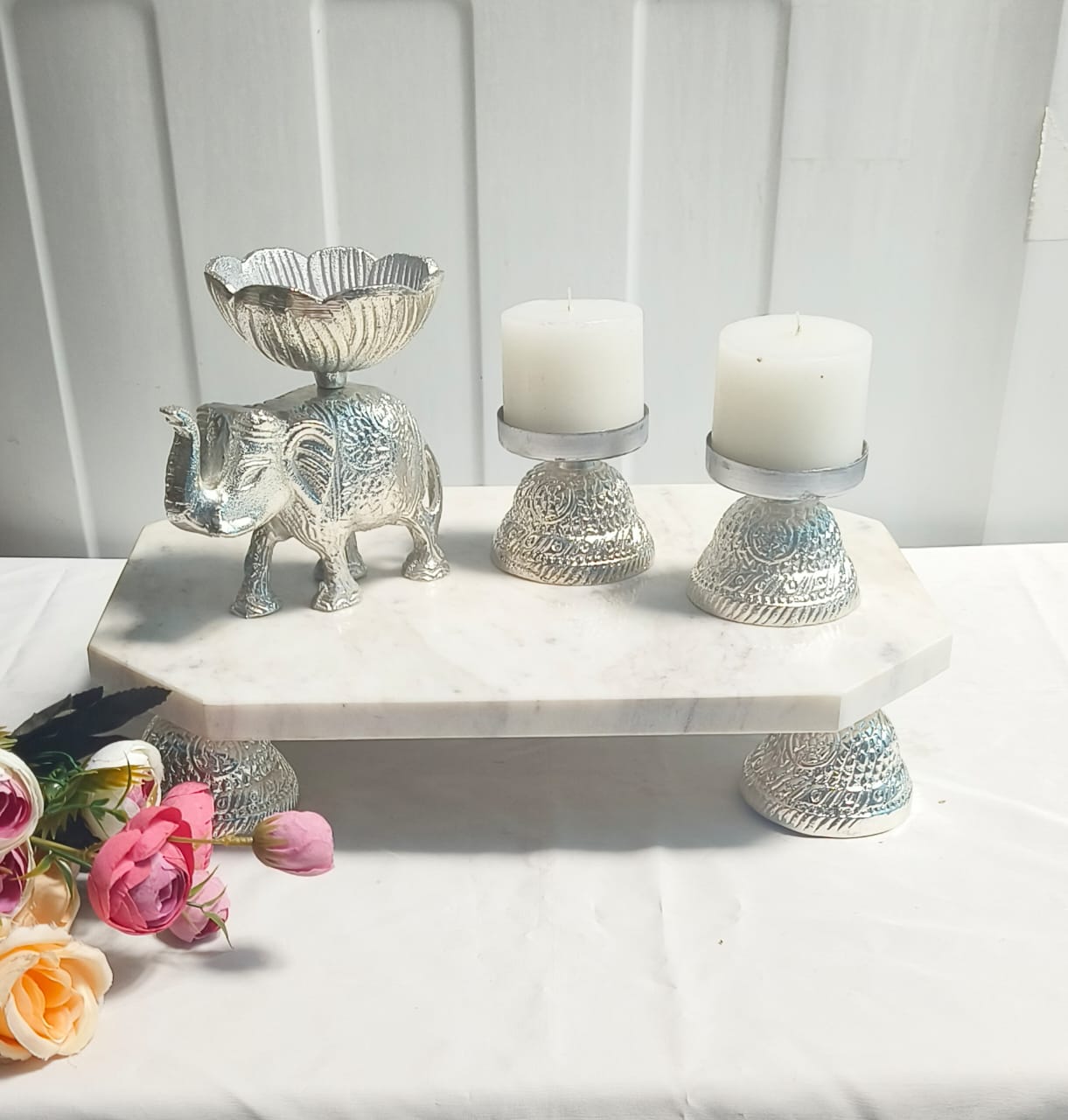 Aluminium Silver Elephant, 2 Wax Candles with Silver Holders & Marble Chowki – Luxurious Home Decor & Gift Set