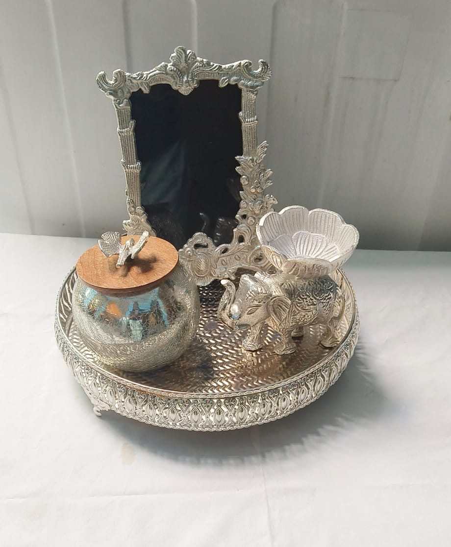 Royal Silver Trio – Jali Tray, Glass Matki with Wooden Lid & Aluminium Photo Frame
