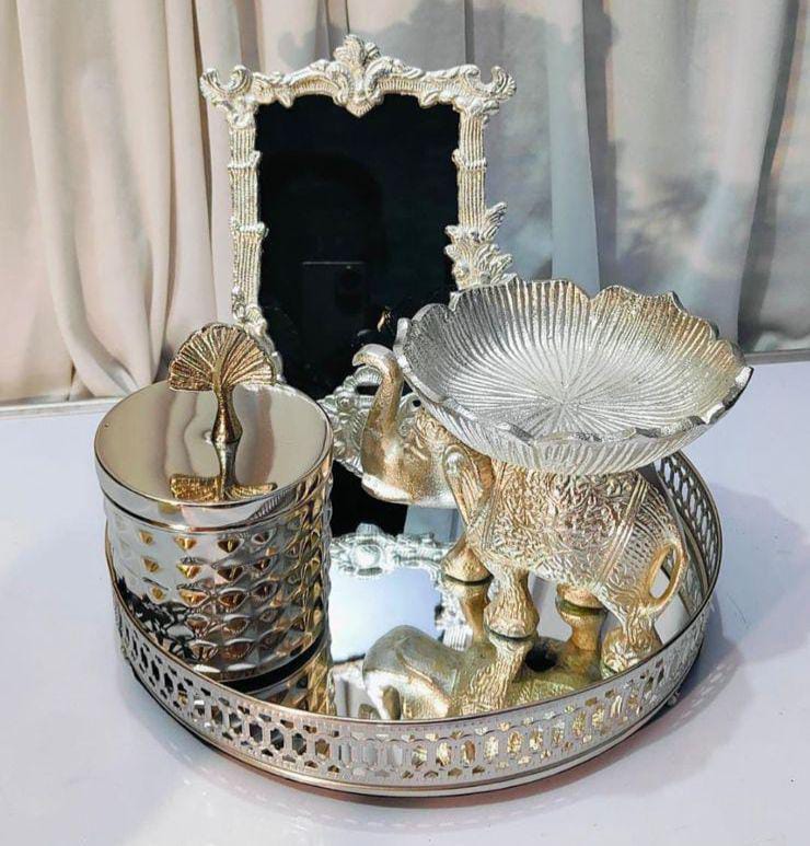 Silver Luxe Décor Set – Mirror Tray, Diamond Jar, Elephant Bowl & Aluminium Photo Frame