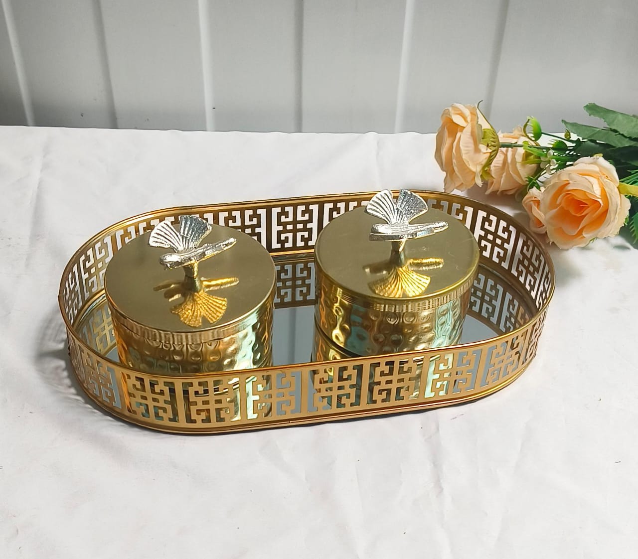 Golden Grace Set – Oval Jali Tray (12x6”) & 2 Elegant Iron Jars.
