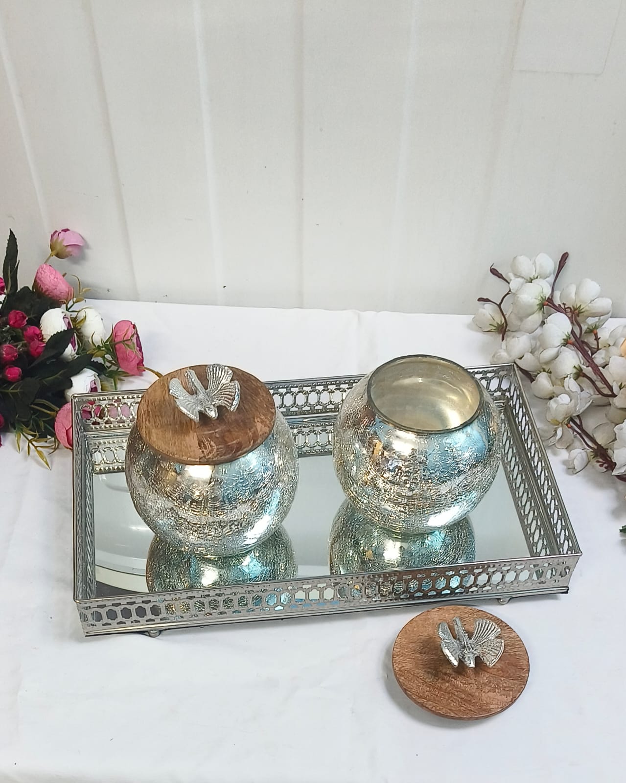 Silver Tray (14x8) with 2 Silver Matkis with Wooden Lids – Elegant Serving & Gifting Combo