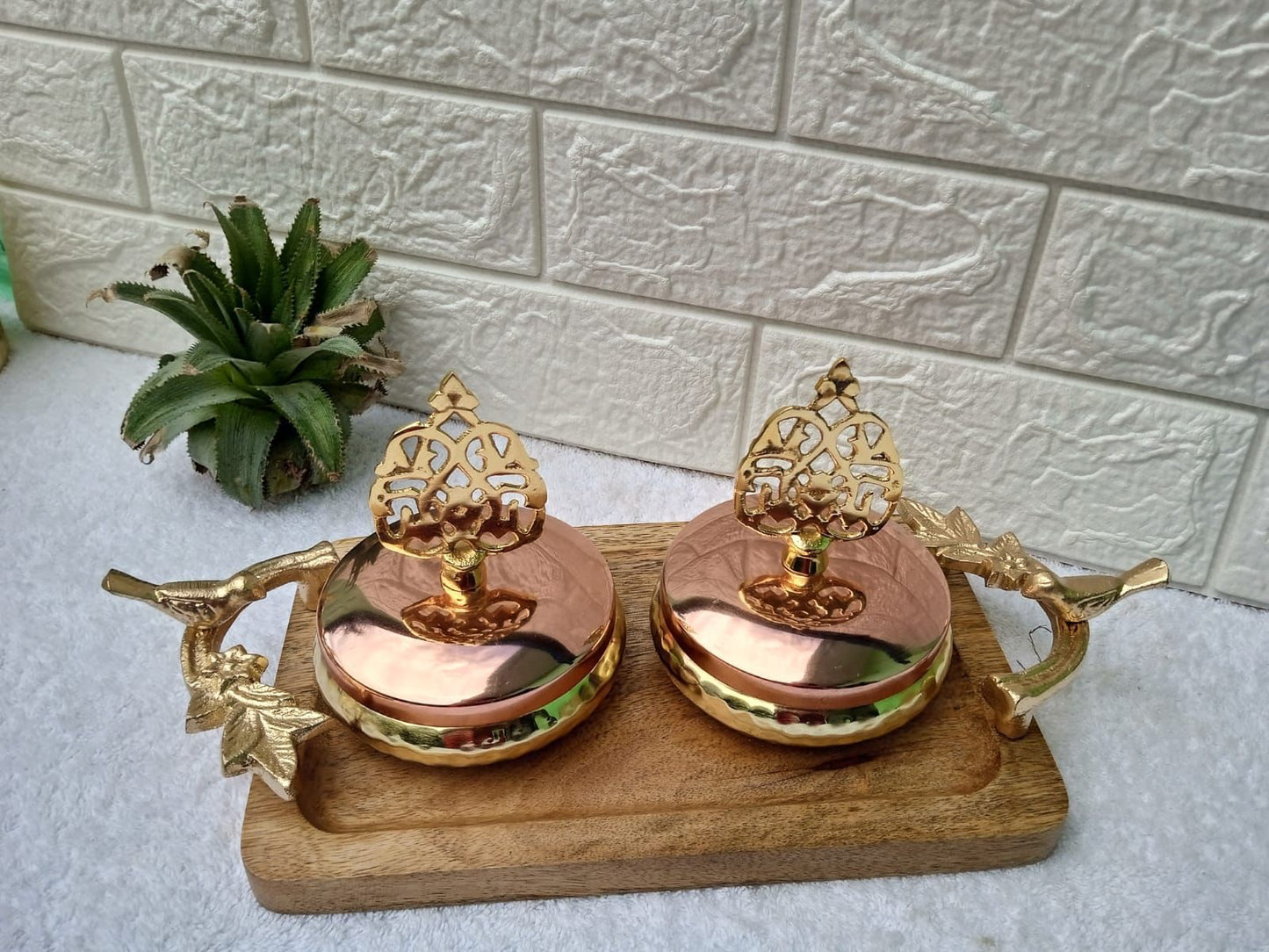 Luxury 10x6 Wooden Tray with 2 Golden Jars – Elegant Kitchen & Home Décor Set