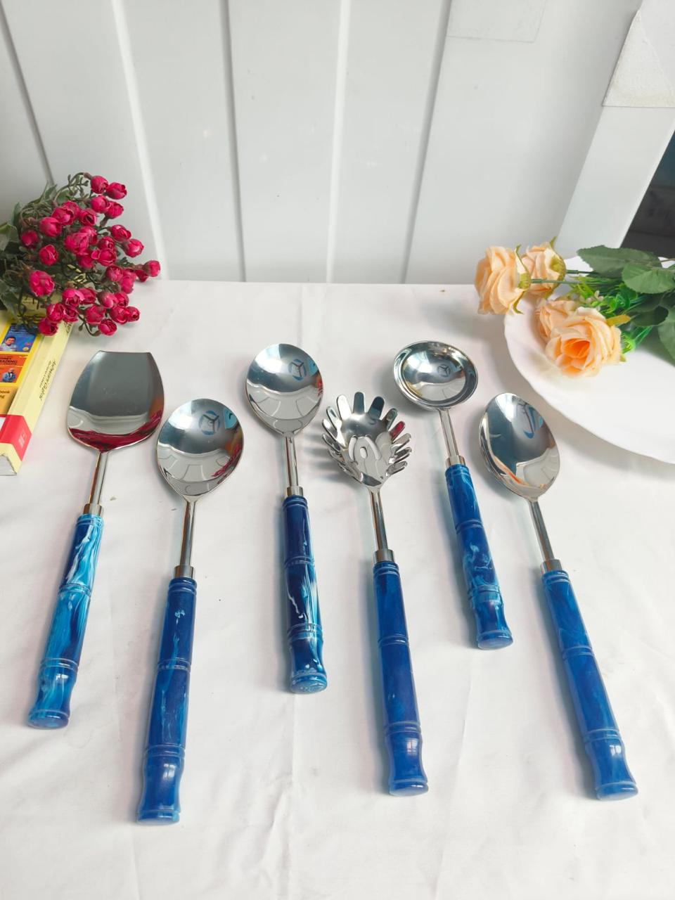 Maverics 6-Piece Stainless Steel Serving Spoon Set with Maverics Led-Free Brass Handle in a Black Box