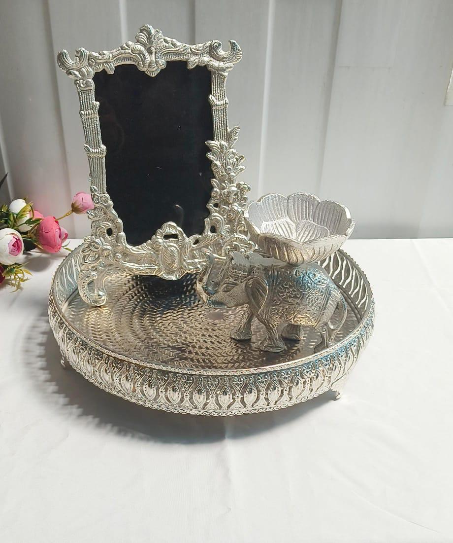 Silver Elegance Combo – Aluminium Elephant Idol, 12'' Jali Tray & Photo Frame for Home Décor & Festive Gifting