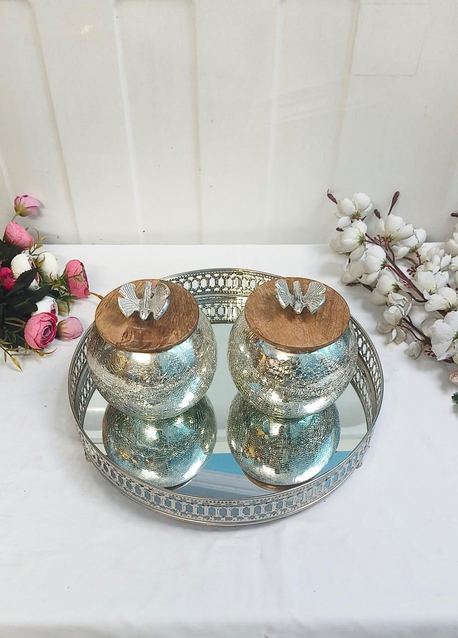 Silver Crackle Glass Jar Set with Mirror Tray – 2 Matki Jars with Mango Wood Lids & 12'' Silver Tray for Elegant Décor & Gifting