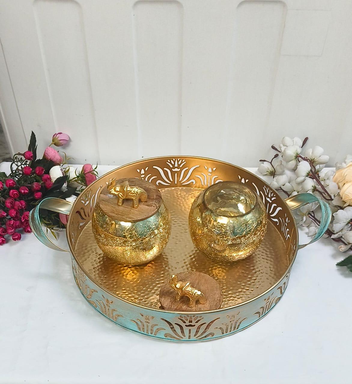 Golden Glass Matki Jar Set with Blue-Golden Handle Tray – 2 Wooden-Lid Jars & Decorative Tray for Festive Gifting & Home Décor