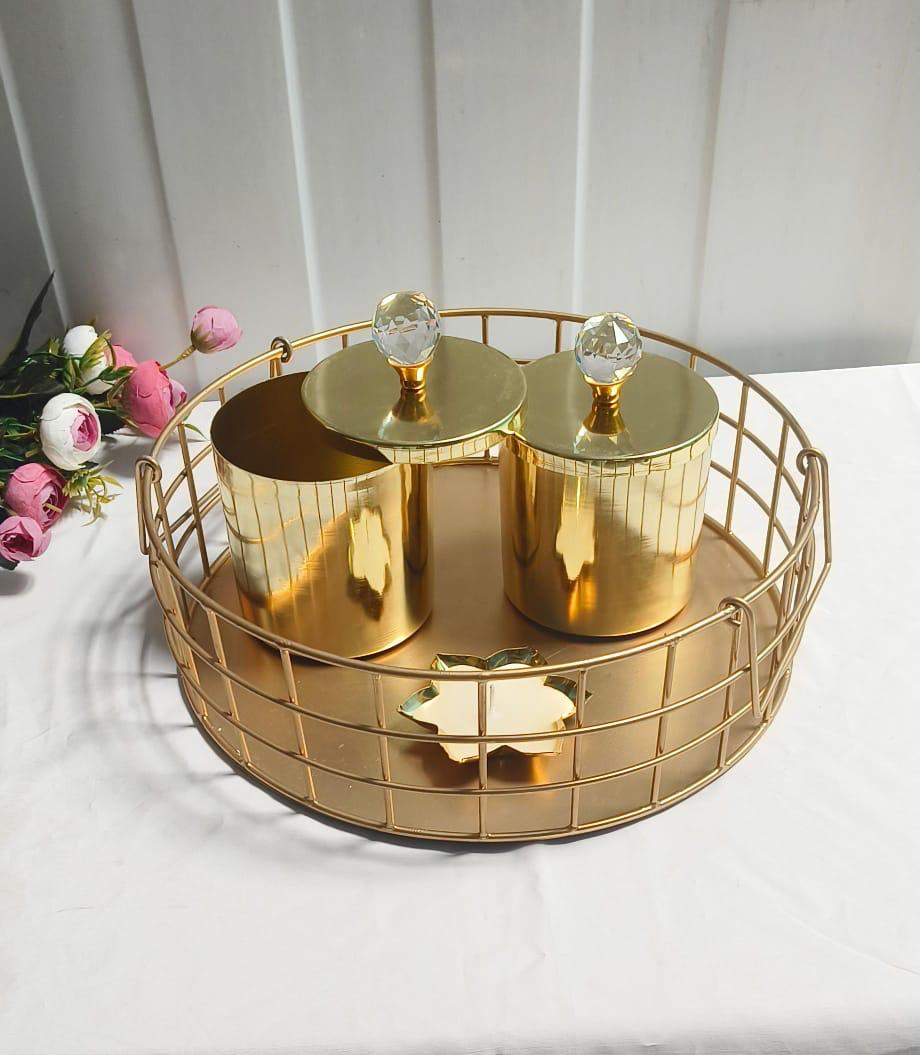Golden Jar & Jali Basket Combo – 2 Decorative 4x4'' Jars with Double Handle Basket for Gifting & Home Décor