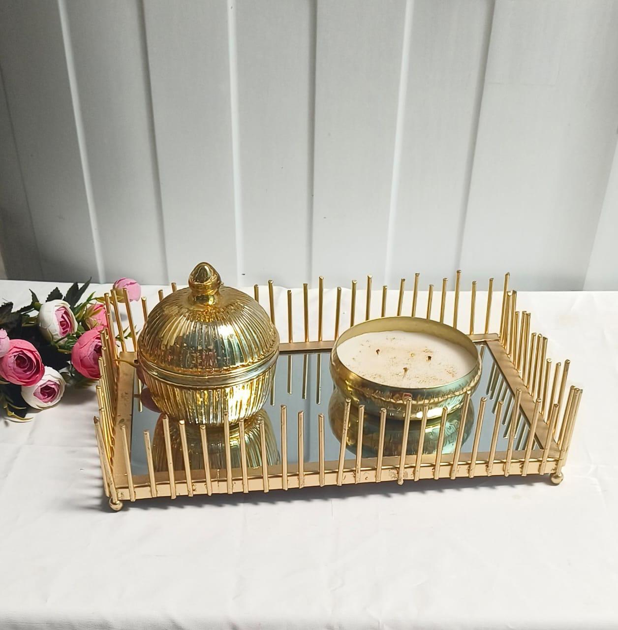 Golden Décor Combo – Wire Mirror Tray, Glass Jar & Wax Urli for Festive Styling & Elegant Gifting